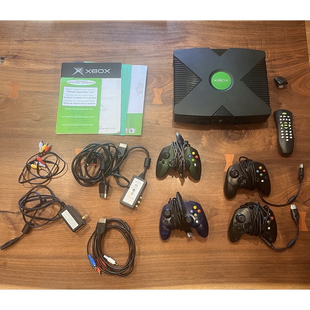 Microsoft Original Xbox Console Bundle w/ 4 Controllers, Cables, Box & Extras